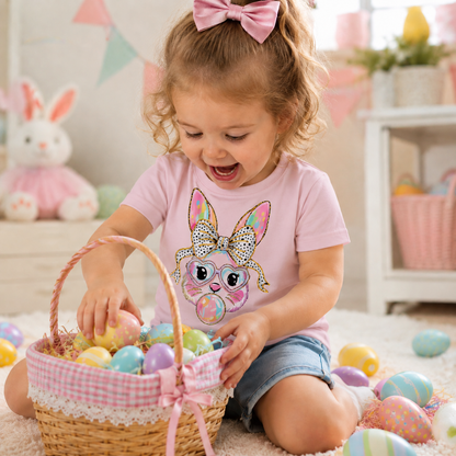 Child with Easter-themed  bunny and bows graphic on a light pink t-shirt 