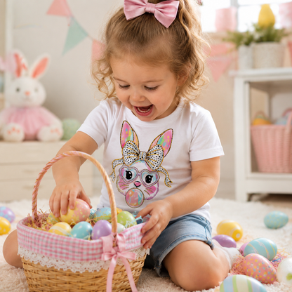 Child with Easter-themed  bunny and bows graphic on a light white t-shirt 