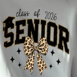 Class of 2026 graphic t-shirt with cheetah-print bow design, stylish senior year tee for graduation, spirit days, and senior photos.