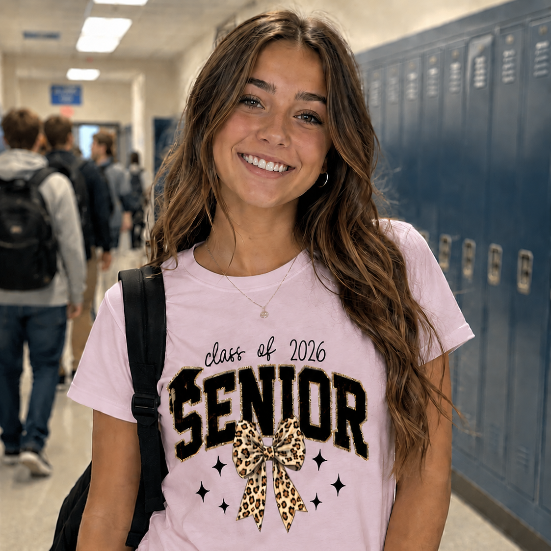 Young woman wearing a 'class of 2026 Senior' light pink t-shirt in a school hallway.