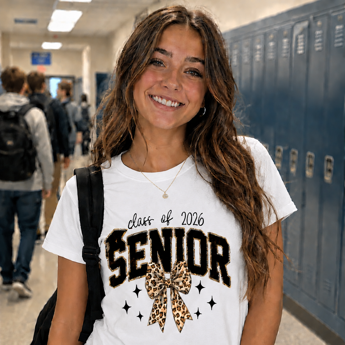 Young woman wearing a 'class of 2026 Senior' white t-shirt in a school hallway.