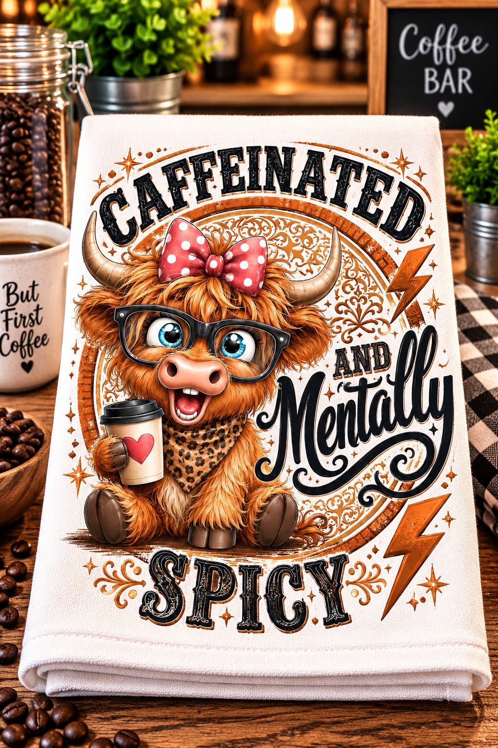A folded white kitchen towel or tea towel displayed on a rustic wooden table, featuring a colorful graphic of a fluffy highland cow wearing glasses and a polka-dot bow, holding a coffee cup. The text reads 'CAFFEINATED AND Mentally SPICY' in black and brown lettering, with coffee beans and a coffee mug in the background.