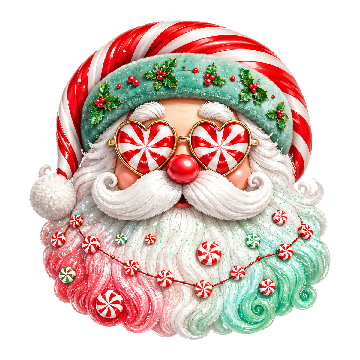 A festive 3D illustration of a Santa Claus head with a candy cane striped hat, heart-shaped candy cane sunglasses, a red nose, white beard, and a red, white, and green candy cane decorated beard on a plain white background.