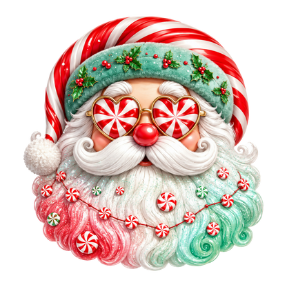 A festive 3D illustration of a Santa Claus head with a candy cane striped hat, heart-shaped candy cane sunglasses, a red nose, white beard, and a red, white, and green candy cane decorated beard on a plain white background.