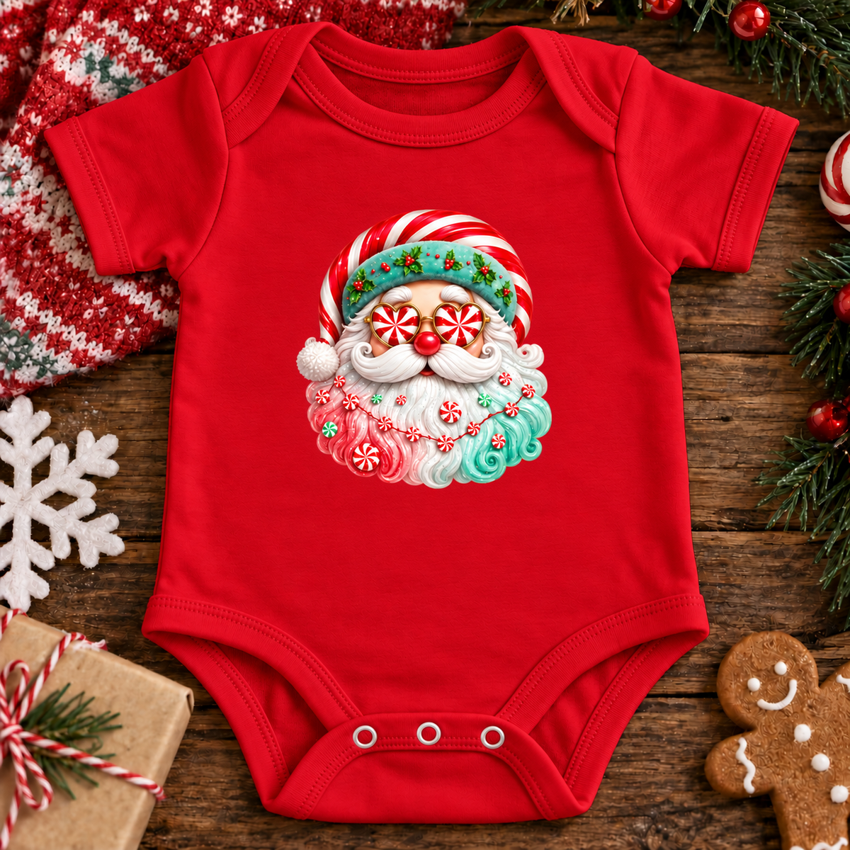 A red baby bodysuit with a festive Christmas Santa graphic, laid flat on a rustic wooden surface surrounded by holiday props including a gingerbread cookie, pine branches, a gift box, and a white snowflake.