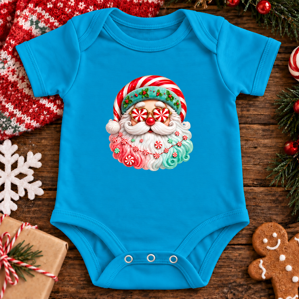 A turquoise blue baby bodysuit with a colorful Christmas Santa graphic, laid flat on a rustic wooden surface surrounded by holiday decorations including a gingerbread cookie, pine branches, a gift box, and a snowflake.