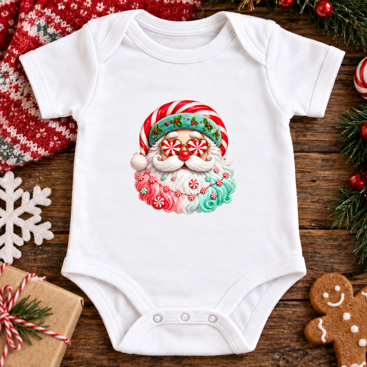 A white baby bodysuit with a colorful Christmas Santa graphic, laid flat on a rustic wooden surface surrounded by holiday decorations including a red knit blanket, pine branches, a gingerbread cookie, and a wrapped gift.