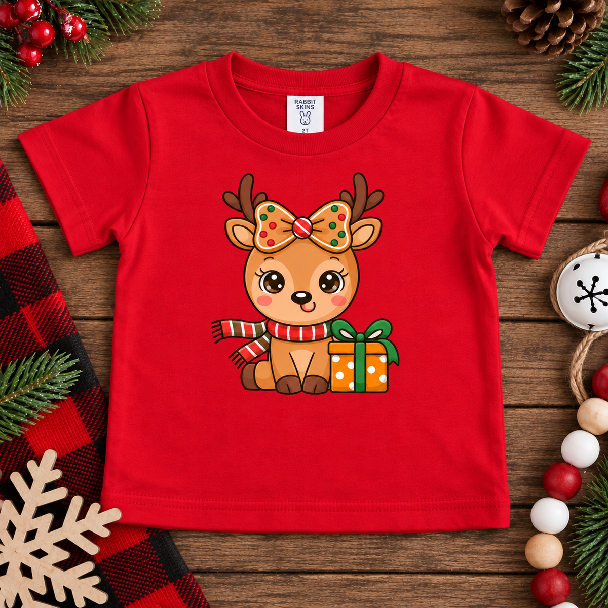 Christmas Cutie Reindeer with Gingerbread Bow (Baby Onesie & Toddler Tee)