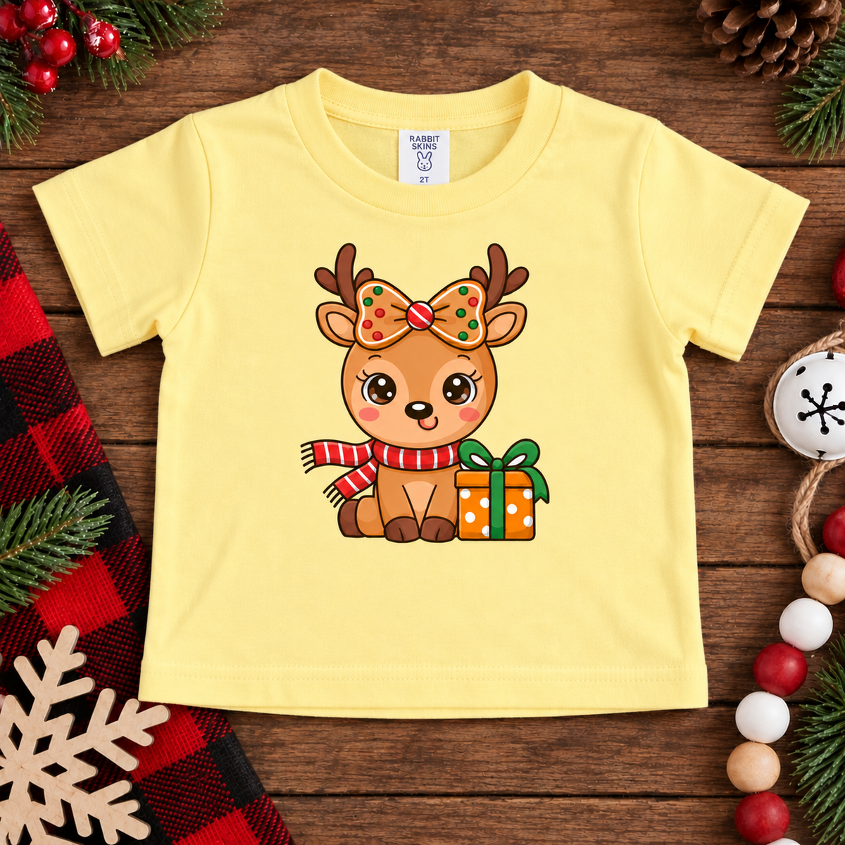 Christmas Cutie Reindeer with Gingerbread Bow (Baby Onesie & Toddler Tee)