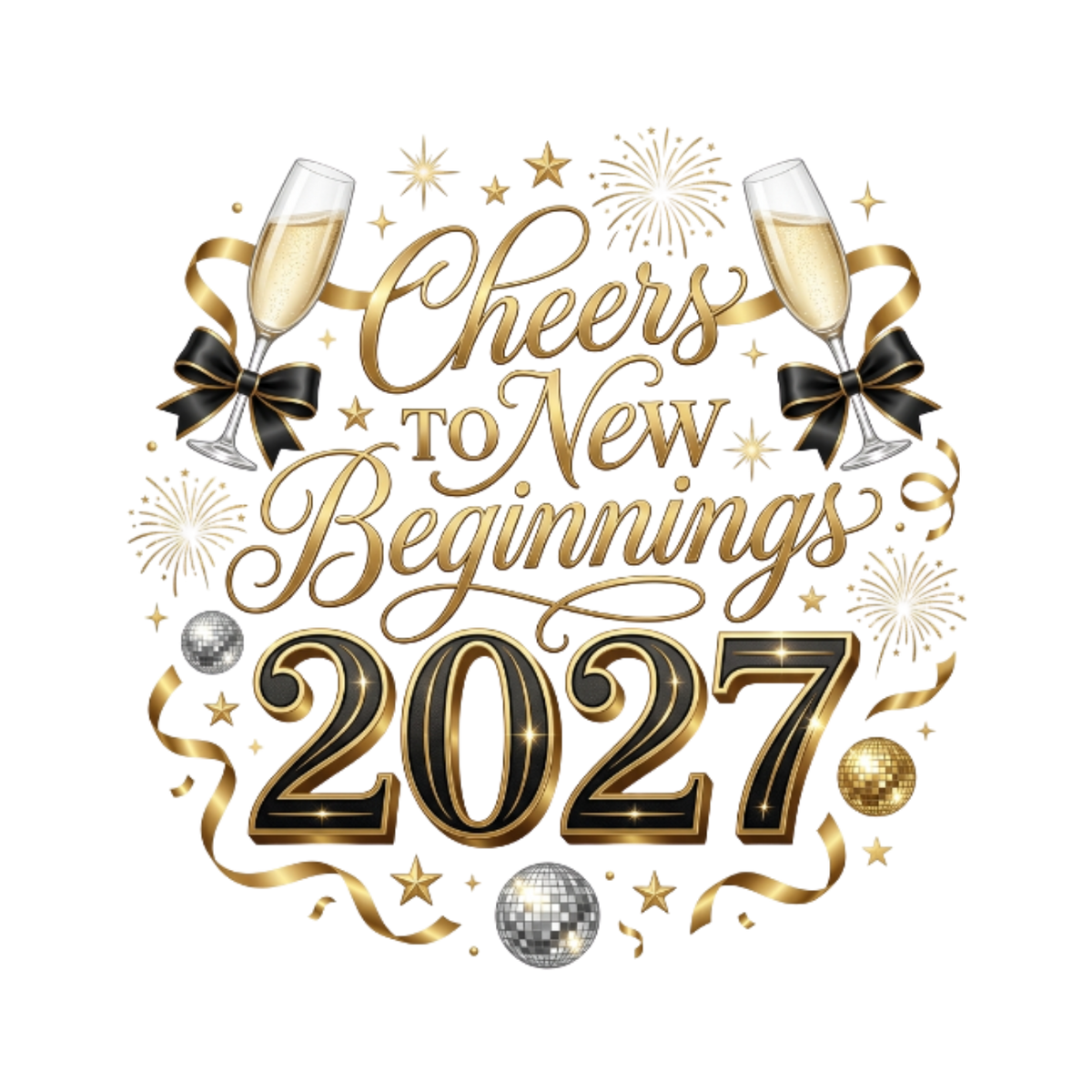 A festive New Year 2027 graphic with the phrase “Cheers to New Beginnings 2027” in gold script and bold gold numerals outlined in black. The design includes champagne flutes, black-and-gold bows, stars, fireworks, ribbons, disco balls, and confetti on a plain white background.