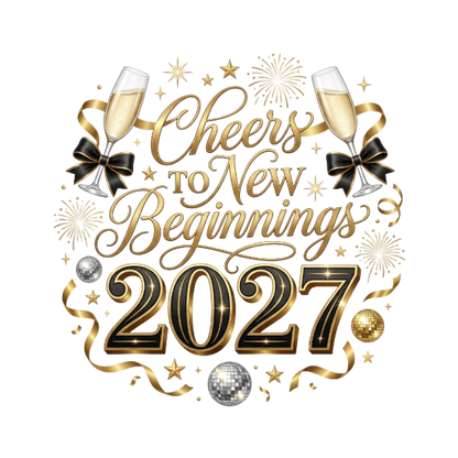 A festive New Year 2027 graphic with the phrase “Cheers to New Beginnings 2027” in gold script and bold gold numerals outlined in black. The design includes champagne flutes, black-and-gold bows, stars, fireworks, ribbons, disco balls, and confetti on a plain white background.