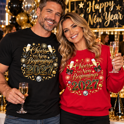 A man and a woman pose together in a festive New Year's Eve setting, wearing matching graphic apparel. The man wears a black crewneck t-shirt and the woman wears a red sweatshirt, both featuring a gold and green 'Cheers to New Beginnings 2027' graphic with champagne glasses and ornaments.