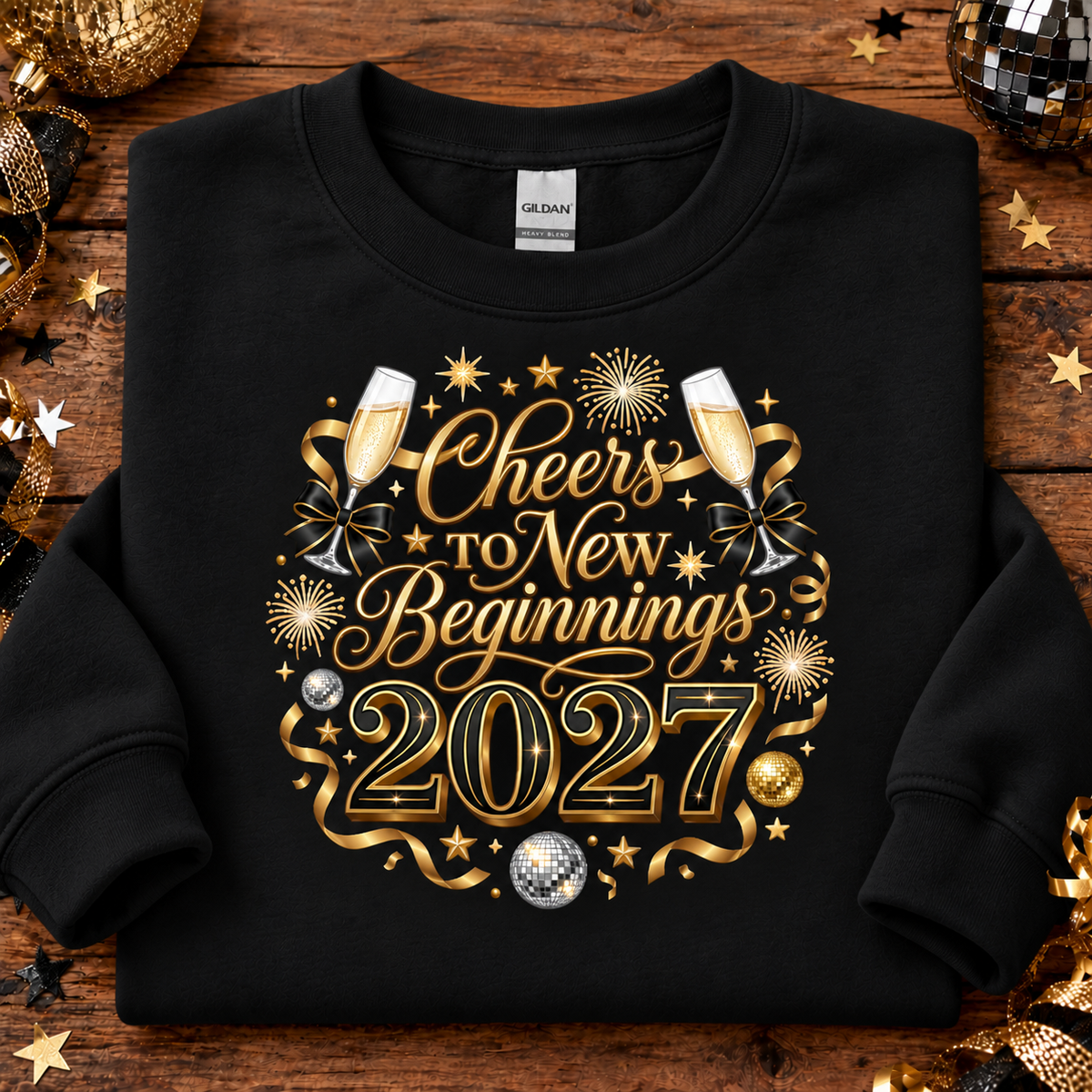 A black crewneck sweatshirt with a gold and silver graphic reading 'Cheers to New Beginnings 2027' surrounded by champagne glasses, stars, and fireworks, laid flat on a rustic wooden background with holiday decorations.