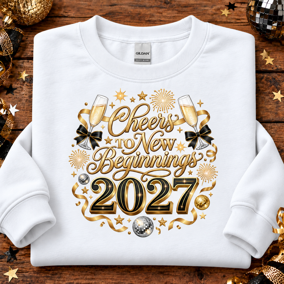 A white crewneck sweatshirt with a festive 'Cheers to New Beginnings 2027' graphic print, laid flat on a rustic wooden background decorated with gold and black party ornaments.