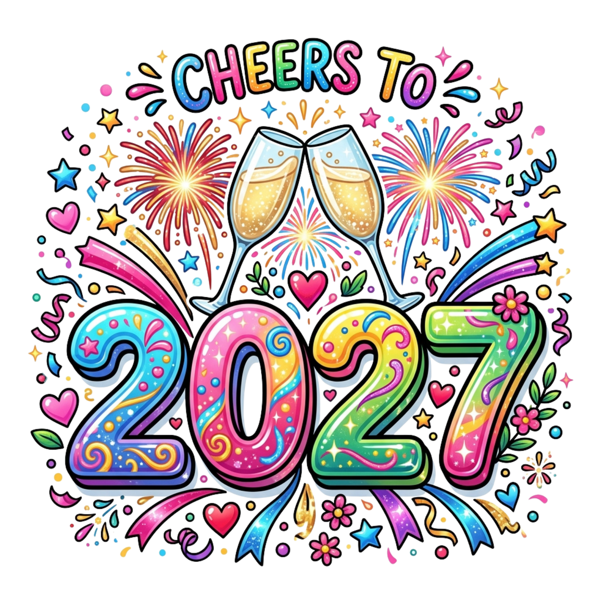 A colorful digital graphic celebrating 'Cheers to 2027' with two clinking champagne glasses, fireworks, stars, hearts, and decorative ribbons on a white background.