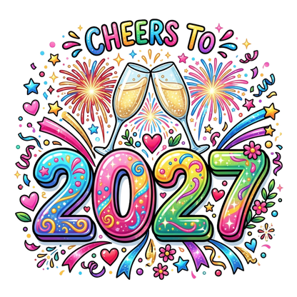 A colorful digital graphic celebrating 'Cheers to 2027' with two clinking champagne glasses, fireworks, stars, hearts, and decorative ribbons on a white background.