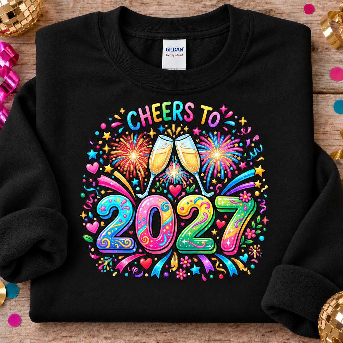 A folded black Gildan Heavy Blend sweatshirt on a rustic wooden background with party decorations. The sweatshirt features a vibrant, colorful graphic print that reads 'CHEERS TO 2027' with champagne glasses and fireworks.