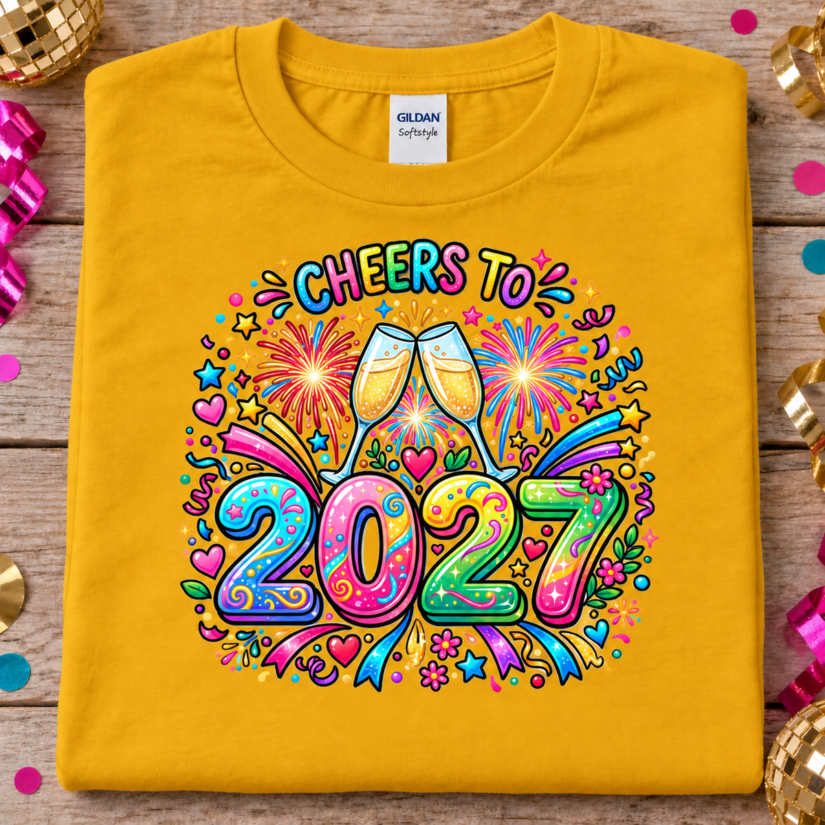 A folded gold colored Gildan Softstyle T-shirt is displayed flat on a rustic wooden surface, decorated with festive confetti and disco ball props. The front of the shirt features a vibrant, colorful graphic that reads 'CHEERS TO 2027' with two clinking champagne glasses, fireworks, and playful party doodles.
