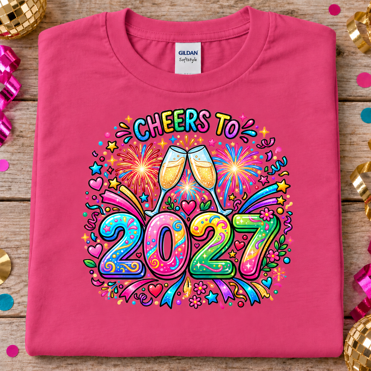 A folded heliconia pink Gildan Softstyle t-shirt with a colorful 'Cheers to 2027' graphic print, displayed on a rustic wooden background with festive confetti and ribbons.