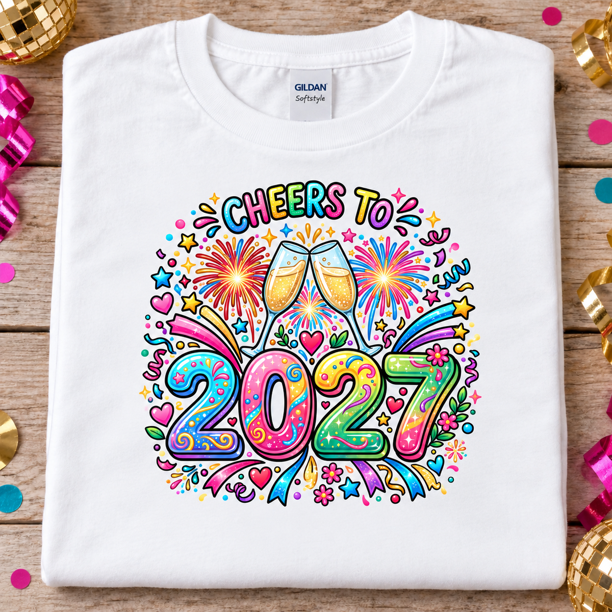A folded white Gildan Softstyle T-shirt on a rustic wooden surface, decorated with festive confetti and ribbons. The shirt features a colorful graphic print that reads 'CHEERS TO 2027' with champagne glasses, fireworks, and decorative doodles.