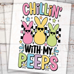 Chillin’ With My Peeps design featuring multiple pastel peeps characters on a graphic t-shirt.