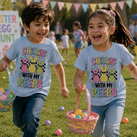 Chillin’ With My Peeps design featuring multiple pastel peeps characters on a light blue colored graphic t-shirt.
