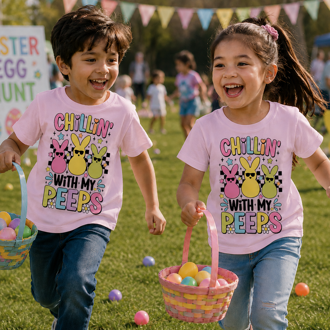 Chillin’ With My Peeps design featuring multiple pastel peeps characters on a light pink colored graphic t-shirt.