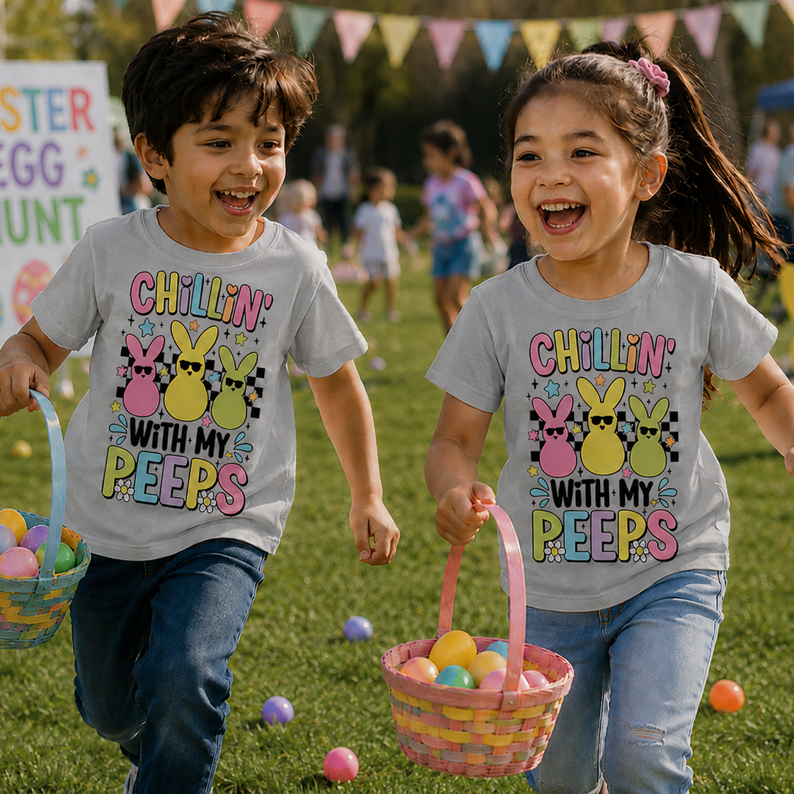 Chillin’ With My Peeps design featuring multiple pastel peeps characters on a sport gray colored graphic t-shirt.