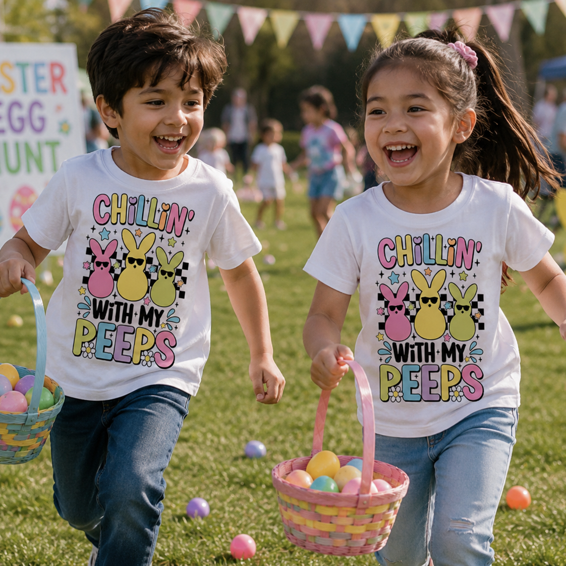 Chillin’ With My Peeps design featuring multiple pastel peeps characters on a white colored graphic t-shirt.