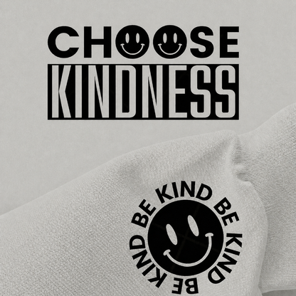 Ash gray sweatshirt with 'Choose Kindness' and smiley face design.