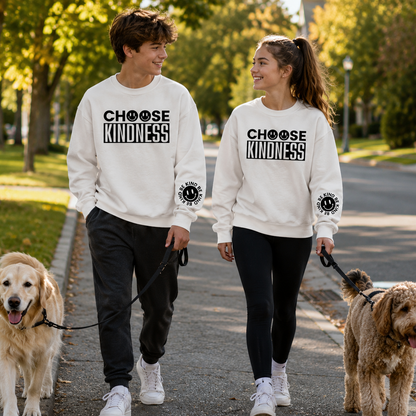 White colored sweatshirt with 'CHOOSE KINDNESS' text and smiley face design.