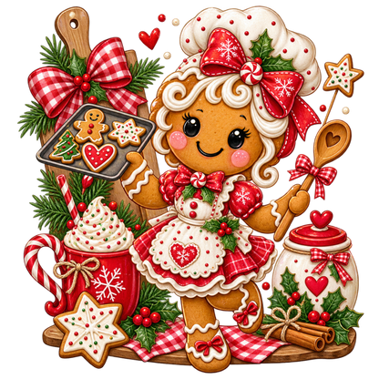 A festive gingerbread cookie character dressed in a red and white holiday apron and chef hat, surrounded by Christmas baking props including a mug of hot cocoa with whipped cream, star-shaped cookies, candy canes, cinnamon sticks, and gingham ribbon on a white background.