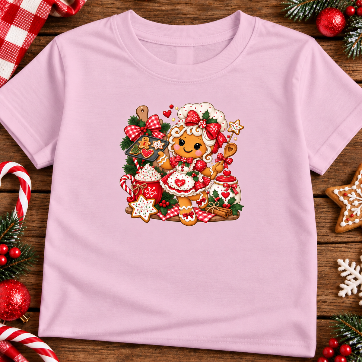A light pink short-sleeve t-shirt with a colorful Christmas gingerbread graphic, laid flat on a rustic wooden background decorated with holiday ornaments, candy canes, and a red-and-white checkered cloth.