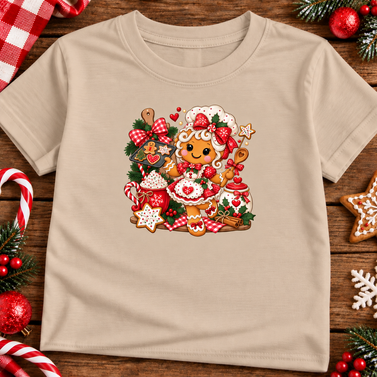 A sand colored short-sleeve crewneck t-shirt featuring a colorful Christmas gingerbread-themed graphic print, laid flat on a rustic wooden background decorated with holiday ornaments, candy canes, and a red-and-white checkered cloth.