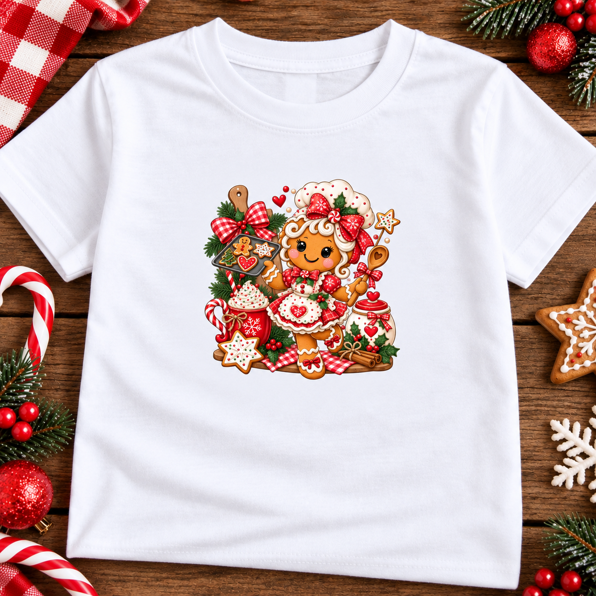 A white short-sleeve crewneck t-shirt featuring a colorful Christmas graphic of a cute gingerbread bear decorated with red and white patterns, surrounded by festive cookies, candy canes, and holiday decorations, laid flat on a wooden surface.