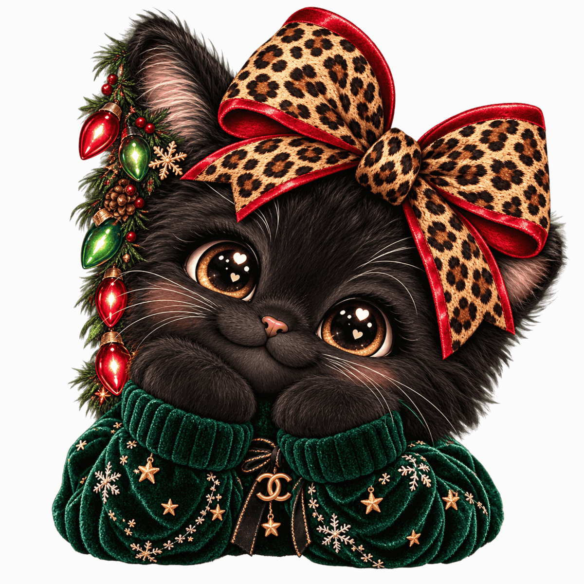 A black kitten wearing a large leopard-print bow with red trim and a dark green knit sweater decorated with gold stars and snowflakes, posed against a plain white background.