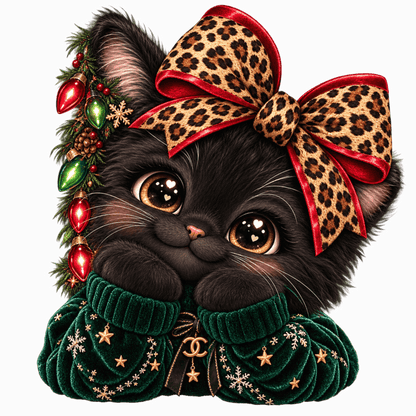 A black kitten wearing a large leopard-print bow with red trim and a dark green knit sweater decorated with gold stars and snowflakes, posed against a plain white background.