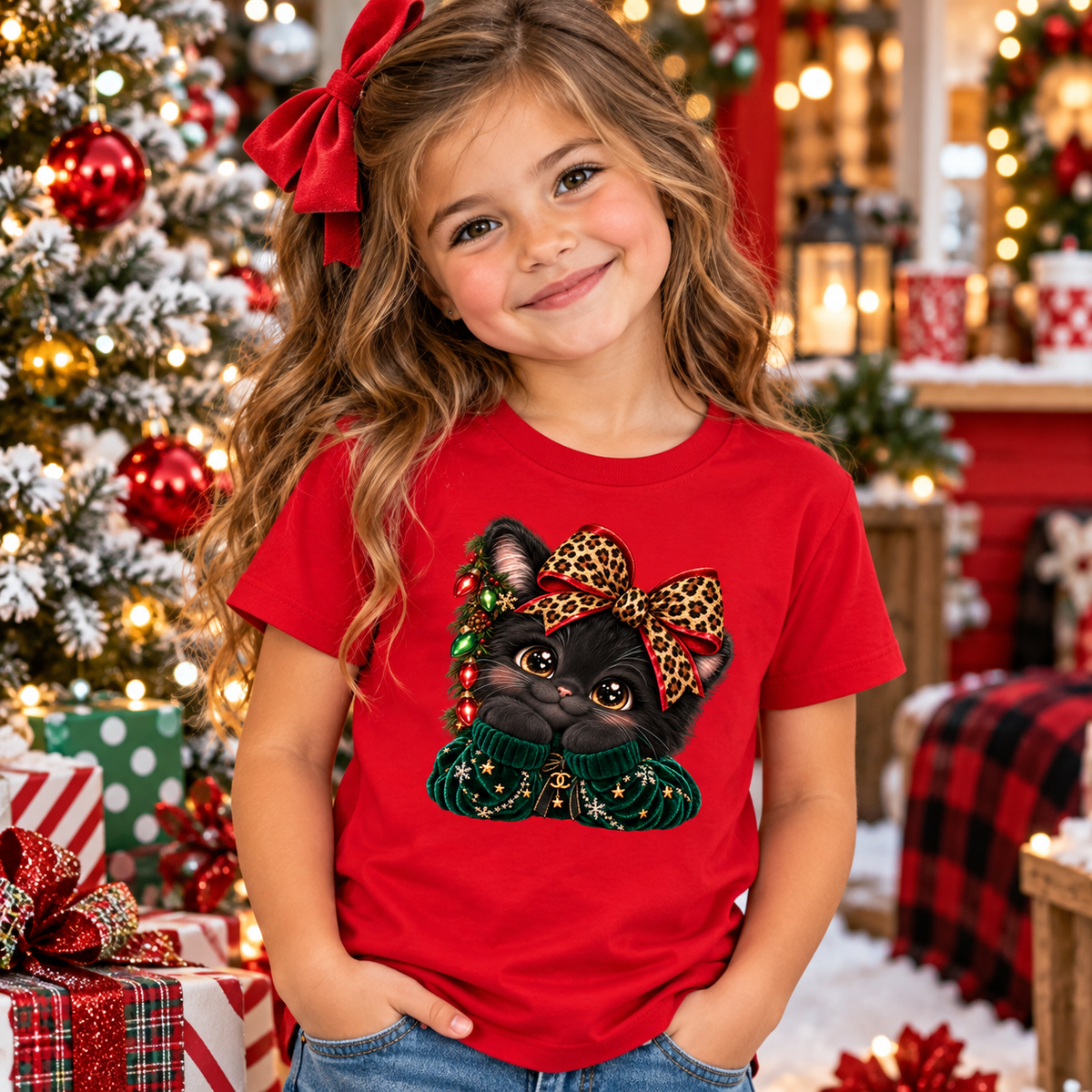 A young girl with a red bow in her hair smiles in a festive Christmas setting, wearing a red t-shirt with a graphic of a black cat wearing a leopard-print bow and green sweater.