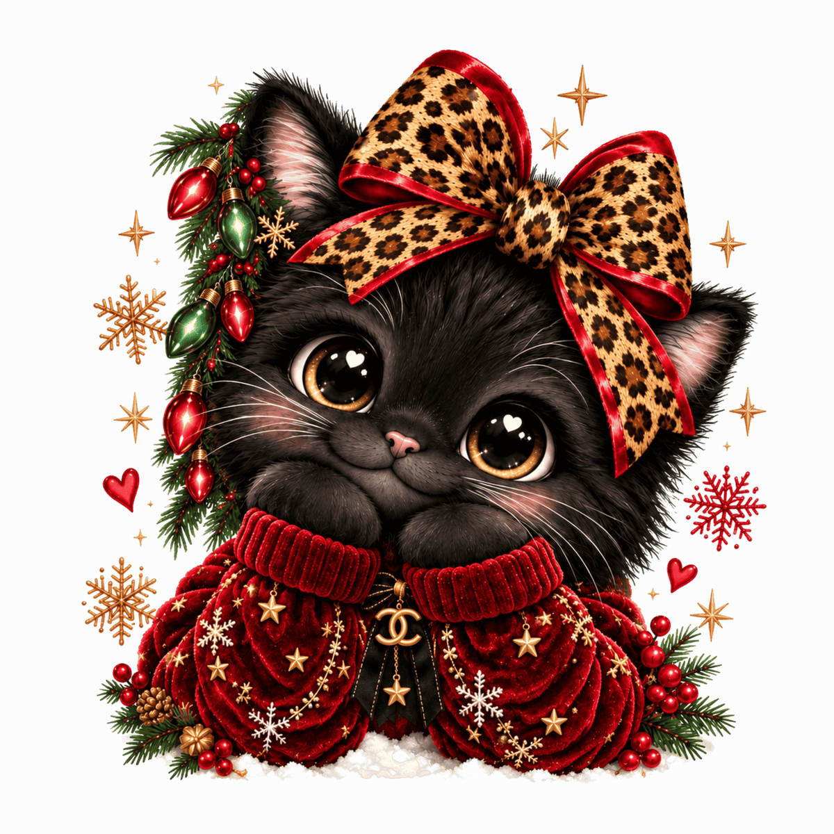 A black kitten wearing a large leopard-print bow with red trim and a matching red velvet Christmas sweater, surrounded by holiday decorations including pine branches, red ornaments, snowflakes, and gold stars on a white background.