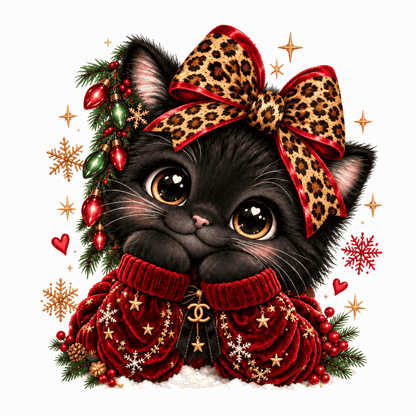 A black kitten wearing a large leopard-print bow with red trim and a matching red velvet Christmas sweater, surrounded by holiday decorations including pine branches, red ornaments, snowflakes, and gold stars on a white background.