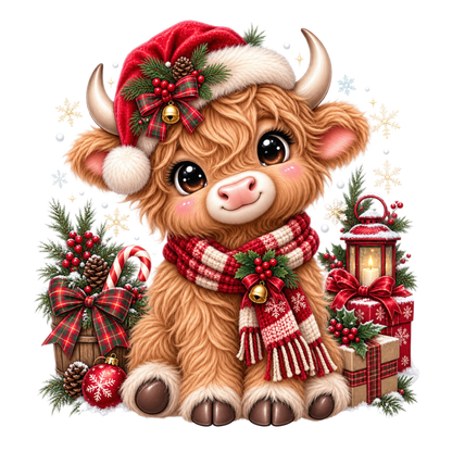 A cute cartoon Highland cow wearing a red Santa hat and matching red-and-white plaid scarf, surrounded by Christmas decorations including ornaments, wrapped gifts, a lantern, pinecones, and candy canes on a white background.
