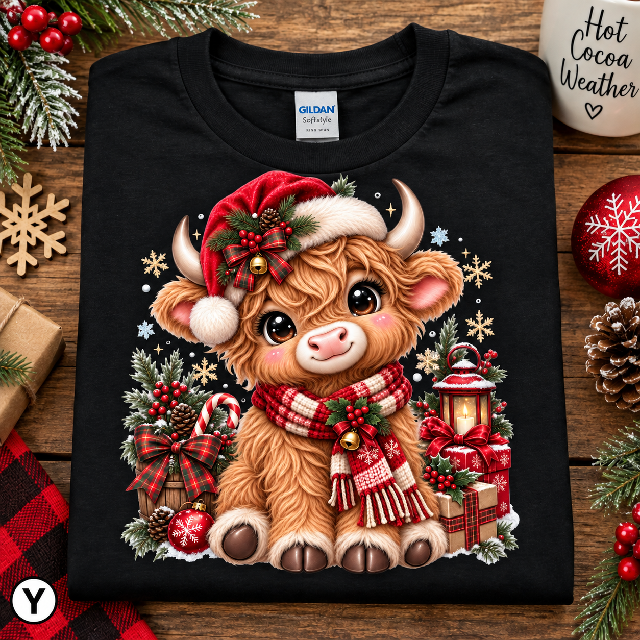 A black Gildan G-1000 t-shirt laid flat on a rustic wooden surface, decorated with a festive Christmas Highland cow graphic. The graphic features a fluffy light brown cow wearing a red Santa hat and a red-and-white plaid scarf, surrounded by holiday decorations like a lantern, candy canes, and ornaments.
