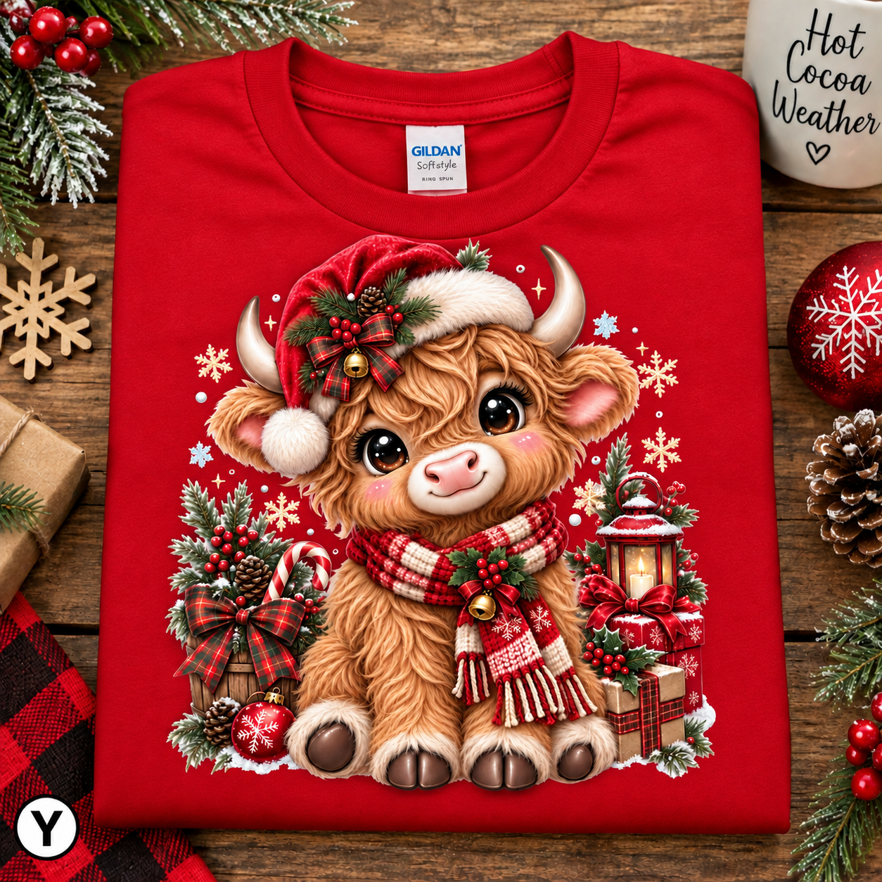 A folded red Gildan t-shirt with a detailed graphic of a cute Highland cow in a Christmas Santa hat and scarf, surrounded by holiday decorations, displayed on a rustic wooden background with seasonal props.
