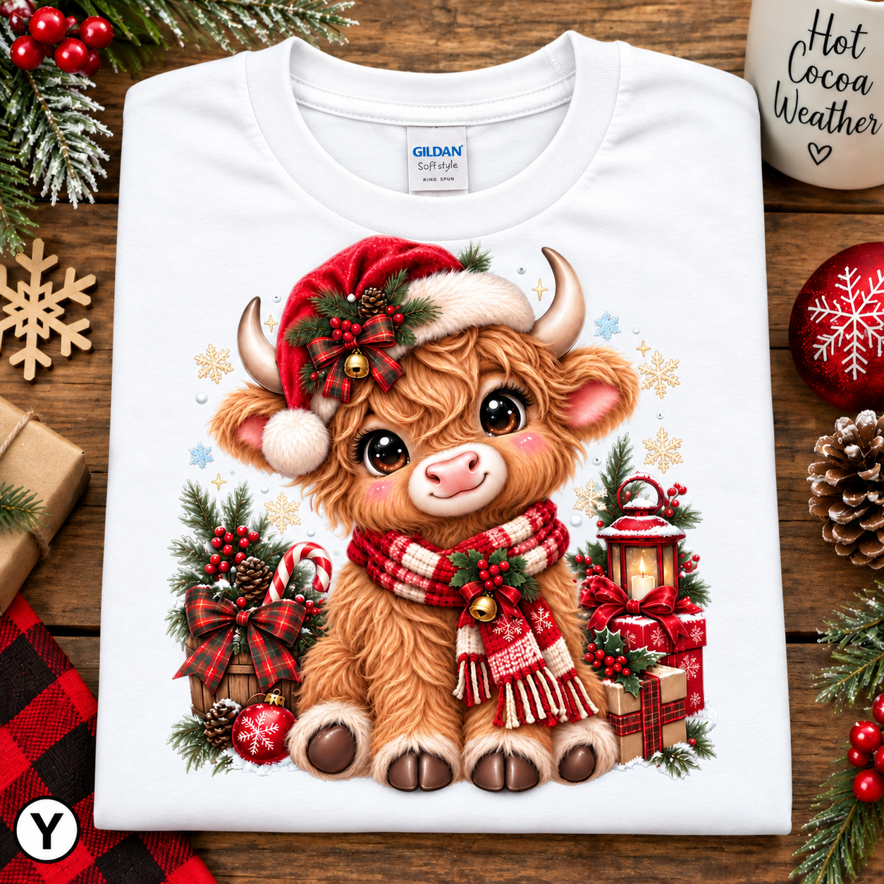 A folded white Gildan t-shirt with a colorful graphic of a cute Highland cow in a red Santa hat and plaid scarf, surrounded by Christmas decorations, displayed on a wooden surface.