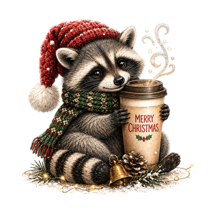 Christmas Coffee Raccoon with Santa Hat