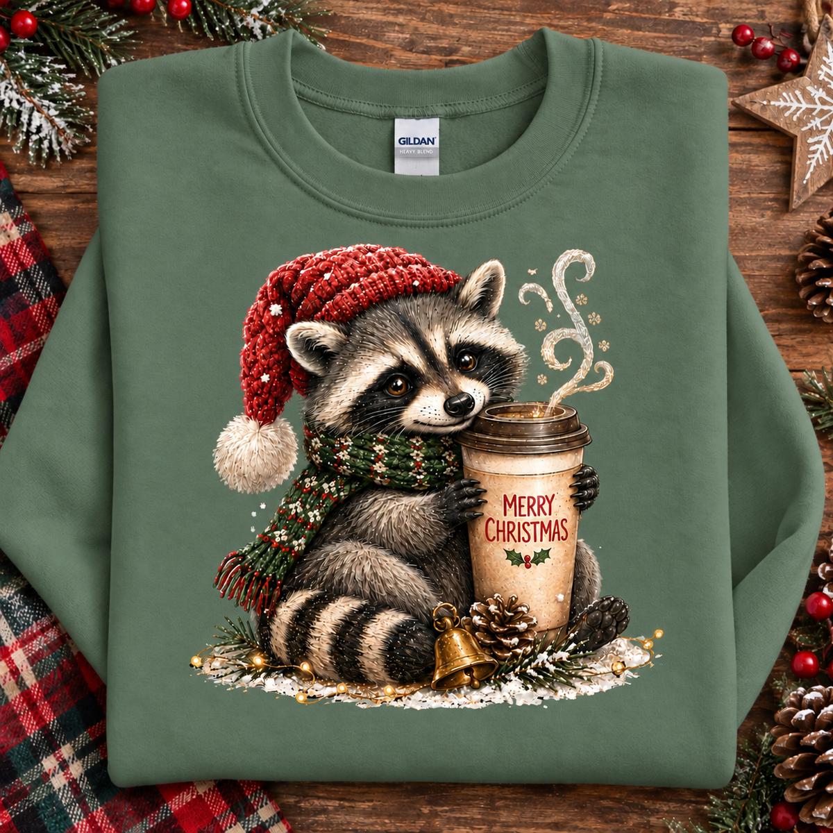 Christmas Coffee Raccoon with Santa Hat