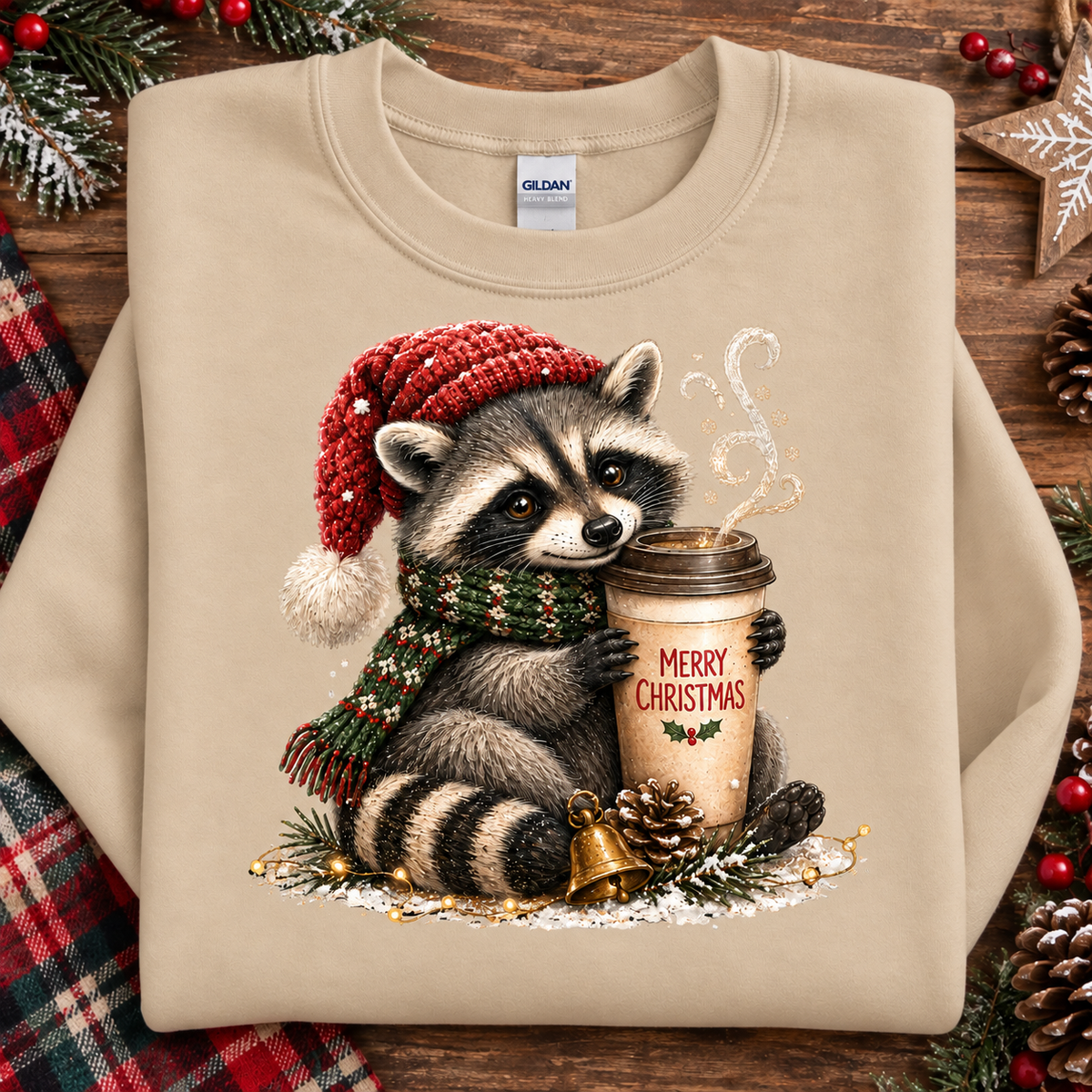 Christmas Coffee Raccoon with Santa Hat