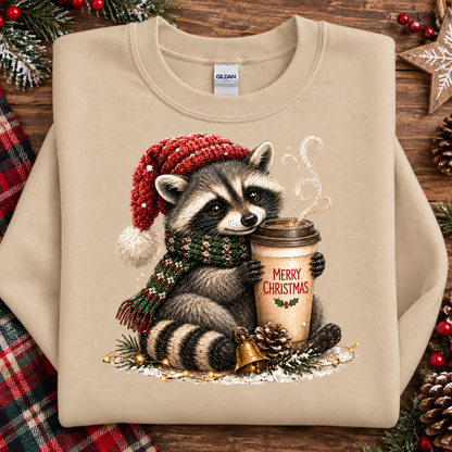 Christmas Coffee Raccoon with Santa Hat