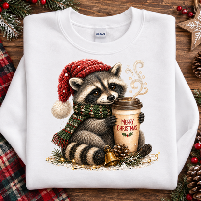 Christmas Coffee Raccoon with Santa Hat