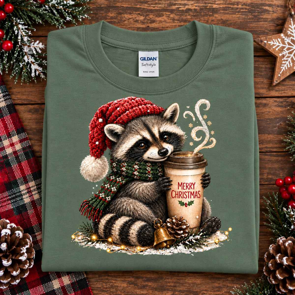 Christmas Coffee Raccoon with Santa Hat